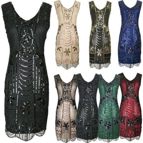 XXL Womens Vintage 1920s Flapper Dress The Great Gatsby Beaded Sequin Party Dress V-Neck Sleeveless Art Deco Charleston Dress