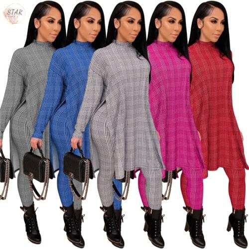 Casual Jogging Suits for Women Two Piece Sets Plaid Loose Slip Hem and Leggings Fashion Club Out WearWholesale Dropshipping 2021