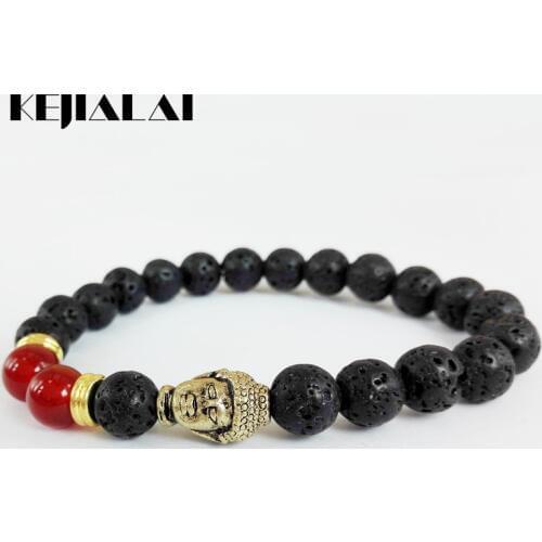 Retail Hot Sale Jewelry 8mm Lava Stone Beads and Red Beads with Antique Gold Buddha Mens Bracelets,Yoga Bracelet