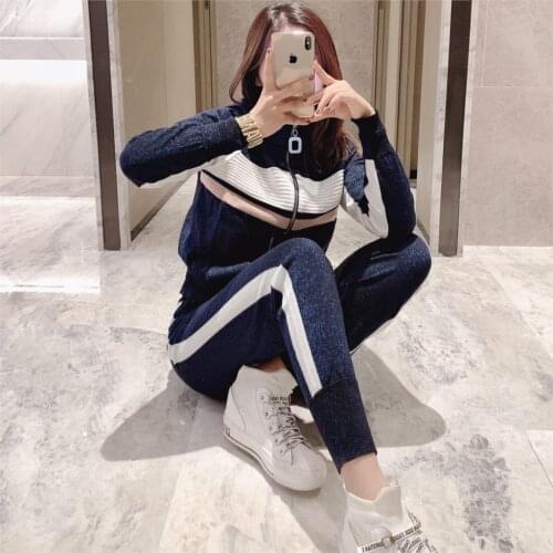Knitted Drawstring Full Casual Suit Contrast Zipper Cardigan And Pants 2020 New Fashion Western Style Striped 2-piece Set