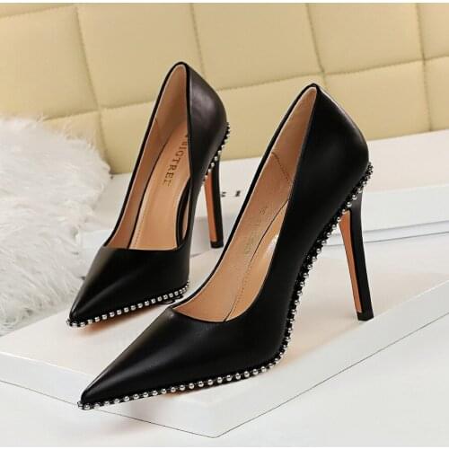 BIGTREE Hot Women Shoes rivet PU 10.5CM Thin High Heels Pointed Toe Pumps Patent Leather Dress High Heels Boat Wedding Office