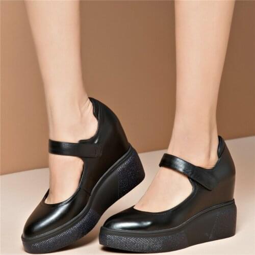 New Platform Mary Janes Women Hook Genuine Leather Wedges High Heel Pumps Shoes Female Pointed Toe Fashion Sneakers Casual Shoes