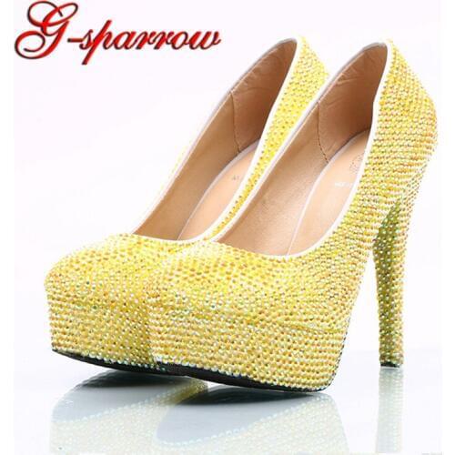 Lemon Yellow Crystal AB Evening Party Prom Shoes Theatre Stage Show High Heel Shoes Banquet Party High Heels Customized Size 46