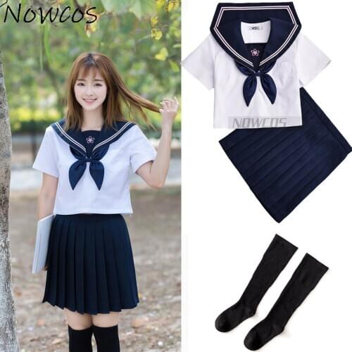 Navy blue JK uniform Autumn Summer Short/long Sleeve Japanese School Uniforms For Girls Sailor Pleated Skirt JK Sets Uniform
