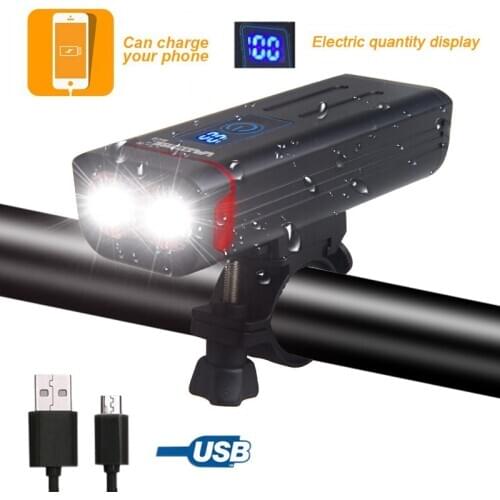 USB Rechargeable Bicycle Light Smart LED Digital Display Bike Front Lamp 3 Light Modes Cycling Flashlight Power Bank Function