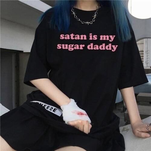 Satan is sugar daddy letter print Ulzzang Vintage Tees casual new women S-2XL loose casual short-sleeved Gothic hip hop T-shirt