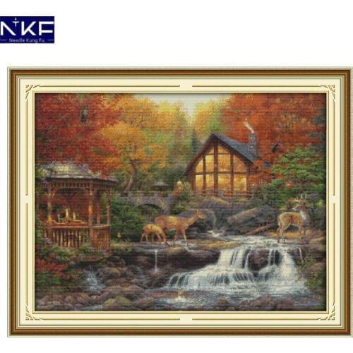 NKF Deer Drinking Near The Stream Cross Stitch 11CT 14CT Cross Stitch Kits Embroidery Needlework Christmas Decorations for Home