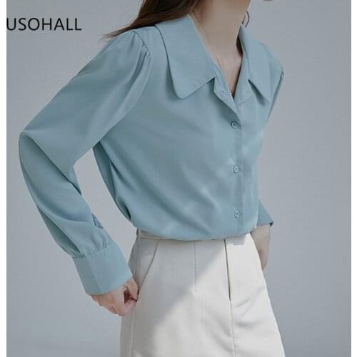 USOHALL Spring Summer Women Office Business Shirt Top Solid Chiffon Long Sleeve Shirts