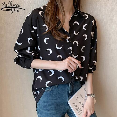 Women Print Shirts White Long Sleeve Shirts 2021 New Autumn Korean Loose Fashion Turn-down Collar Womens Tops and Blouses 10428