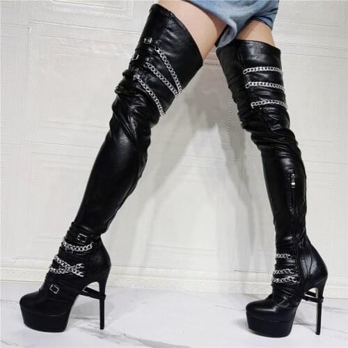 Custom Plus Size 52 Thigh Boots Silver Chain Over-the-knee Boots Sexy Thin Heels Black Elastic Platform Long Boot Shoes Woman