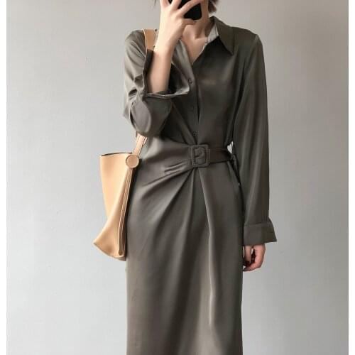 2021 Spring New High End Satin Belt Olive Green Dress Womens Design Temperament Long Elegant Black Womens Office Lady Dress