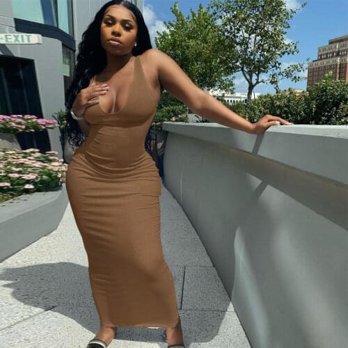 2021 Ribbed Knitted Stripe Women Pure Sleeveless Midi Dress V Neck Bodycon Sexy Streetwear Party Club Elegant