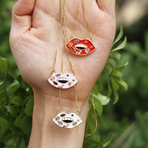 1pcs New Trendy Enameled Pave Rainbow CZ Cubic Zircon Lip Copper Pendant Necklace For Women Fashion Mouth Form Necklaces Jewelry