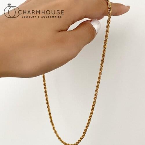 18K Gold GP Necklaces For Man Women 16-30 inch 4mm Twisted Rope Chain Necklace Collier Charm Jewelry Accesories Party Gifts