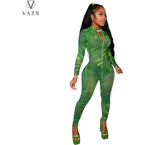 VAZN 2021 Autumn Green Office Lady Sexy Young Skinny High Waist Full Sleeve Soft Women Long Pencil Jumpsuits
