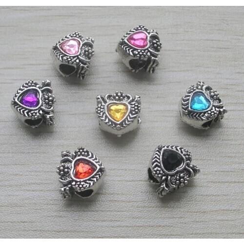 Free Shipping 14x14x12mm heart shape antique silver plated alloy mix color rhinestone big hole beads fit European bracelet DIY