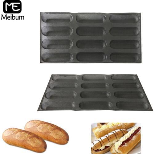 Meibum Black Porous 12 Cavity Silicone Mold Hot Dog Baguette Eclair Bun Long Loaf Bread Mould Non Stick Bakeware Baking Tray