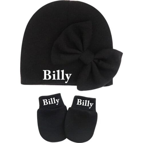 Personalize Baby Hospital Black Hat & Mittens Infant Girl Beanie with Bow Newborn Custom Monogram Newborn Beanie with Bow