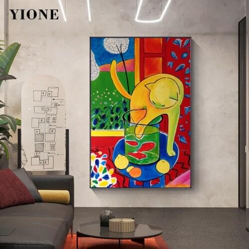 Cat and Fish Canvas Oil Painting Colorful Art Animal Kitten Poster Abstract Life Wall Picture Prints Gallery Aisle Decoration