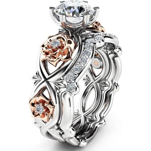 Fashion Flower Ring For Women Girls Gold Two-Tone Plated Womens Wedding Bridal Jewelry Statement Two-layer Band Rings