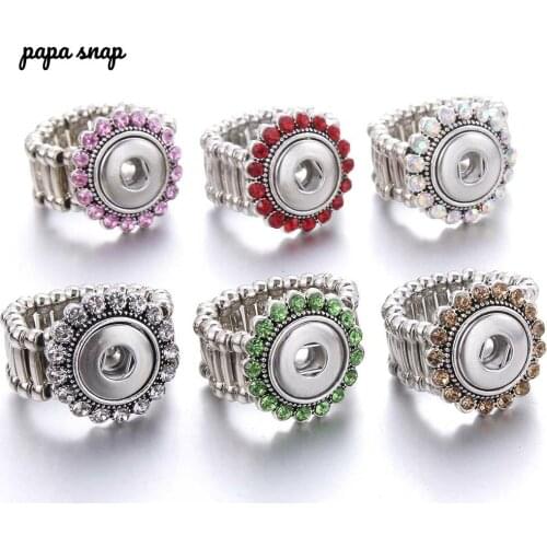 New 12mm Snap Rings 12mm snap Button jewelry Metal buttons Ring Adjustable Elastic Carved rhinestones women Ring