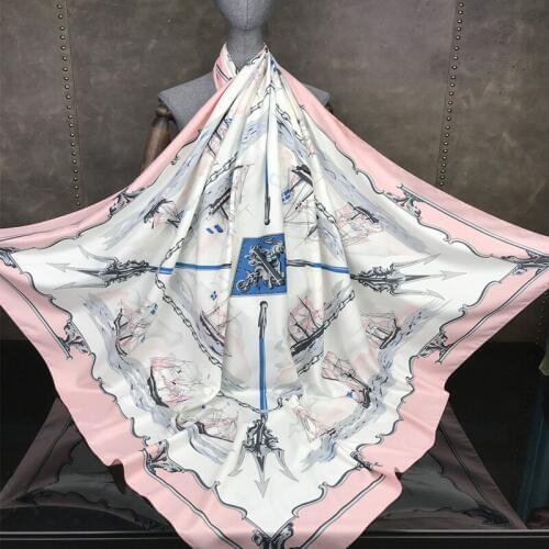 New woman Fashion silk Scarf sailboat Printing 130*130 big Square scarf Decoration wife Gift headscarf high quality Shawl