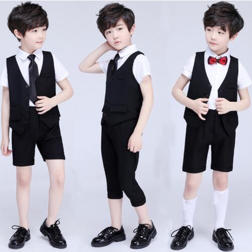 Formal Boys Black Dress Vest Suit Sets ChildrenPerformance Wedding Party Chorus Costume Kids Vest Shirts Shorts Bowtie Outfits