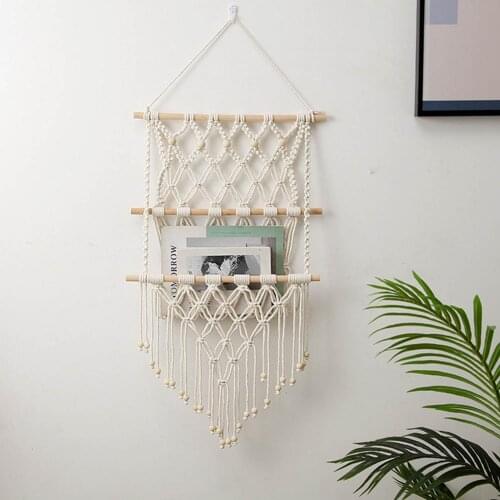 Woven Tapestry Tassel Storage Rack Dreamcatcher Book Magazine Net Bag Rack Cotton Rope Woven Wall Hanging Decor Green Plant Rack