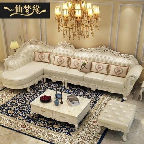 Style leather simple European villa living room solid wood carving corner combination sofa light luxury small