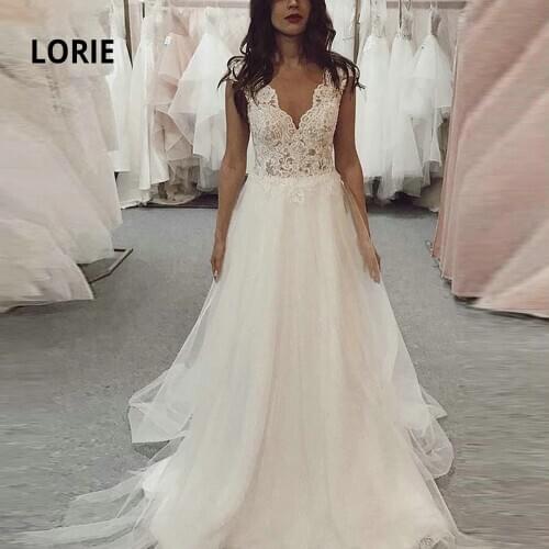 LORIE Wedding Dresses Elegant Lace Appliqued Soft Tulle Sexy V-neck Bridal Gowns A-line Boho vestidos de noiva White