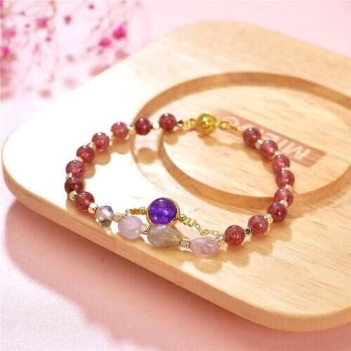 Trendy Small Chain Natural Stone Strawberry Crystal Metal Gold for Women Jewelry Girl Gifts Energy Yoga Sun Beads 7.5inch Y970