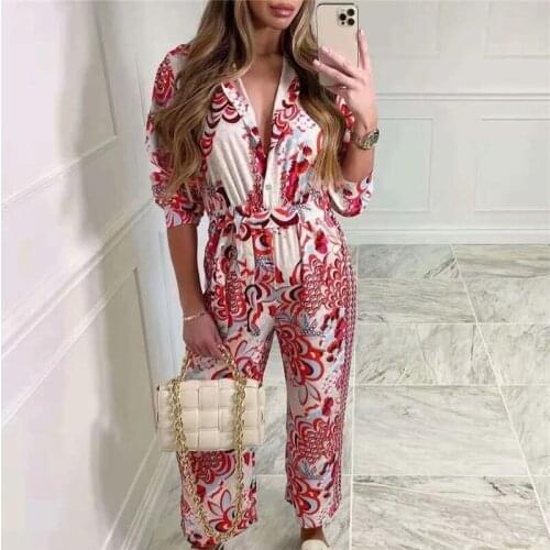 Foridol Print Boho Vintage Jumpsuit Red Women Overalls Button Casual Shirt Jumpsuits Half Sleeve Casual Long Pants Jumpsuit 2021