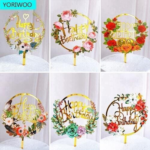 YORIWOO Happy Birthday Cake Topper Flag Banner Paper Flowers Cake Flag Adult Birthday Party Decorations Kids Cake Supplies DIY