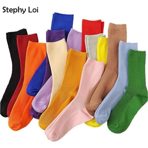 2021 Spring Summer New Color Harajuku Retro Women Socks Cotton Loose Socks Korean Purple Blue Yellow Pink Socks