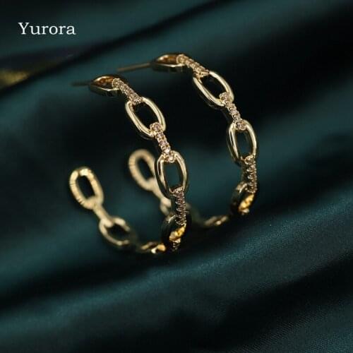Yurora Luxury Cuban Links Round Hoop Earrings For Women Gold Color Cubic Zirconia Punk Circle Earrings Fashion Party Jewelry CZ