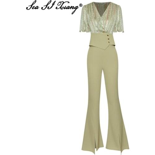 Seasixiang Fashion Designer Summer Suit Dress Women V-Neck Patchwork Print Short Tops + Solid Flare Pants Two Piece Set