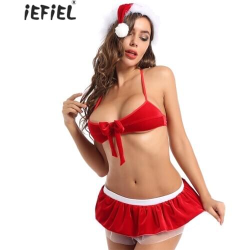 Women Christmas Velvet Lingerie Set Suit Sexy Ladies Theme Party Halter Lace Up Bra Top Tulle Mini Skirt with Faux Fur Trim Hat