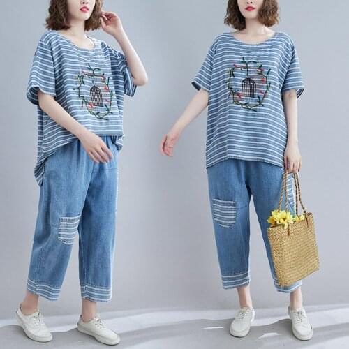 Loose Two-Piece Suit Women Embroidered Pattern Striped T-Shirt Patch Stitching Nine-Point Wide-Leg Jeans Fashion Outwear