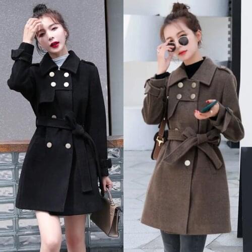 Double-Breasted Woolen Coat Women Coat For Fall/Winter 2021 New Slim Slimming Lapel Belt Fashion Woolen Coat Solid Color Commute