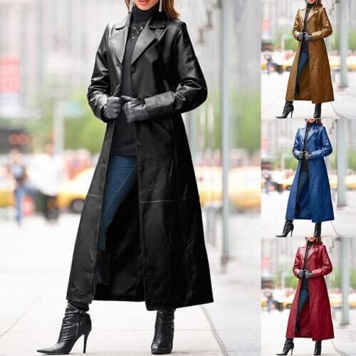 Women Autumn Winter Solid Color Faux Leather Long Slim Wind Coat Windbreaker