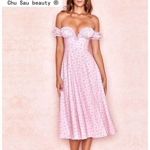 New 2021 Party Style Floral Print Deep V-neck Split Dress Women Holiday Chic Sexy Off Shoulder High Waist Dresses Female