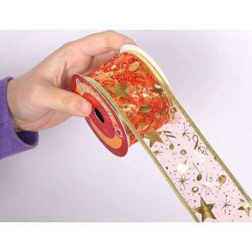 10 Yards) 9M Christmas Ribbon with Wire Star Xmas Tree Decoration Gift Packaging Ribbon Bronzing Musical Notes New Year Decor