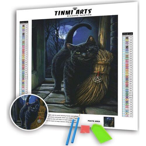 5D Diamond Paintings Full Round AB Animals Cat and Broom Mosaic Art Cross Stitch Crystal Kit Embroidery Sticker Decoration Home