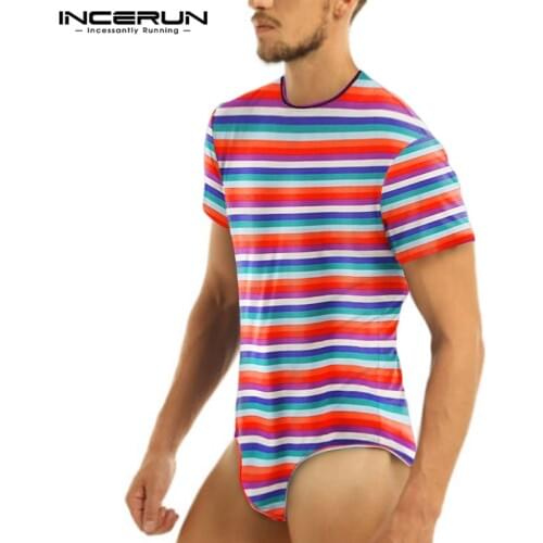 Fashion Colorful Striped Bodysuit T-Shirts INCERUN Men Short Sleeve O Neck Romper Tee Tops Man Fitness Sexy Camisetas Plus Size