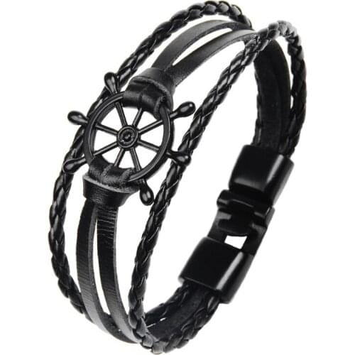 Black Leather Charm Anchor-Shape Bracelets Men Couple Hope Rudder Wrap Wristbands Women Femme Homme Jewelry Gifts