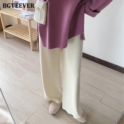 BGTEEVER Autumn Winter Women Pants 2021 Casual Elastic Waist Lace-up Wide Leg Knitted Trouser Thicken Female Pants Weight 0.65kg