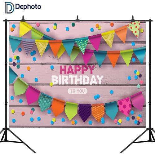 DePhoto Happy birthday Colored flag Wooden Board Photographic Backgrounds Customized Photography Backdrops For Photo Studio
