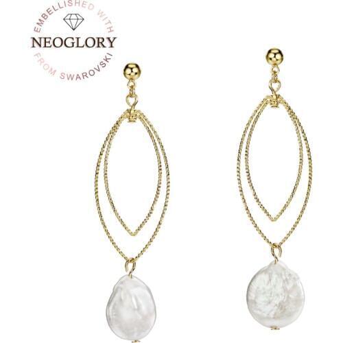 Neoglory Freshwater Pearl Long Geometric Earrings Gold Color Elegant Anomalistic Style For Lady Holiday Anniversary Gift