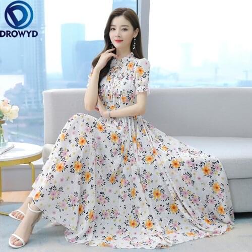 Women Classy Floral Chiffon Beach Maxi Dresses 2021 Summer White Print 4XL Plus Size Vintage Midi Dresses Bodycon Party Vestidos