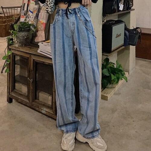 Spring Autumn Wide-leg Jeans Womens High-waist Vertical Stripe Denim Pants Retro Loose Droop Straight Trousers Jeans